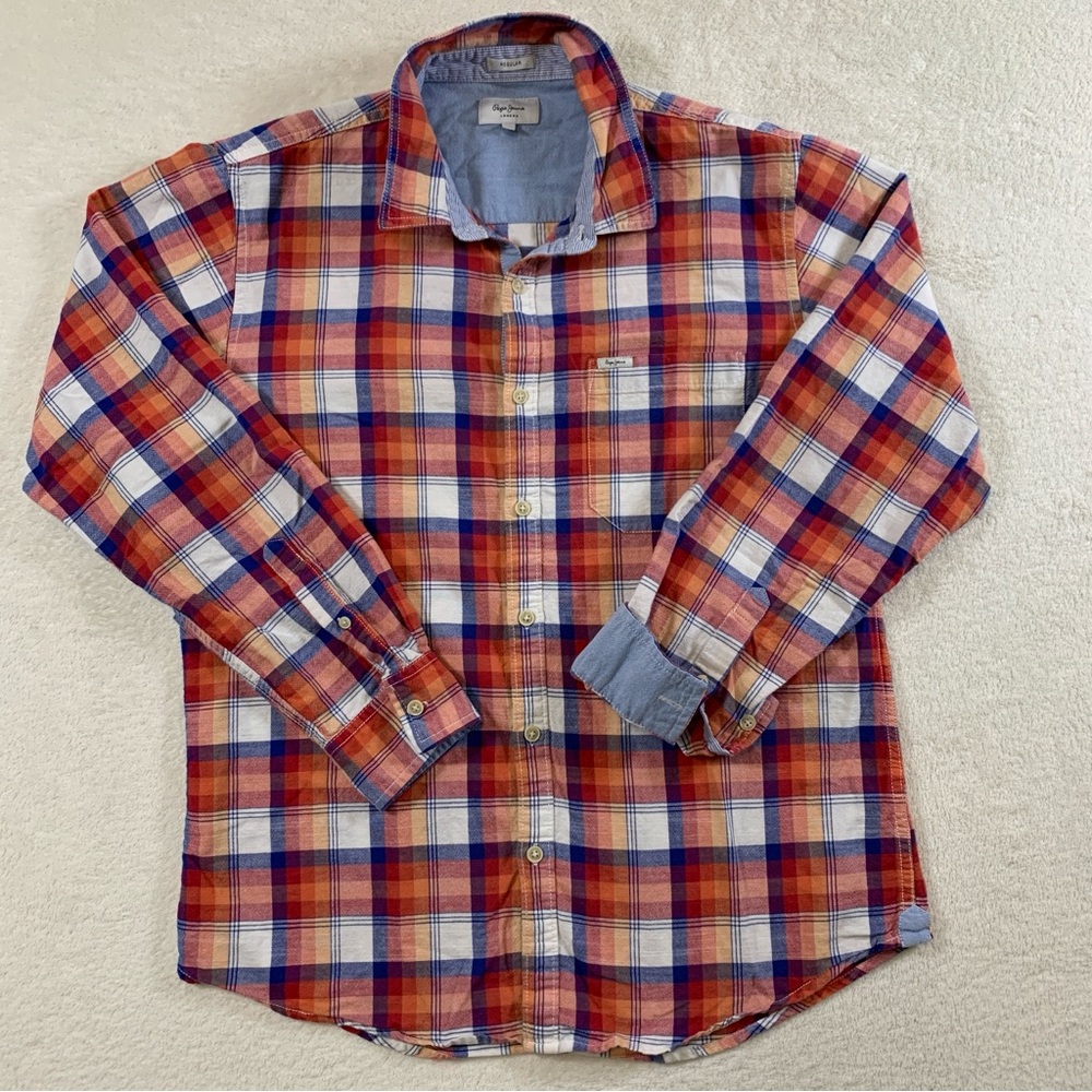 Pepe Jeans London Men’s Large Pleeco Long Sleeve Flip Flip Cuff Plaid Shirt Red